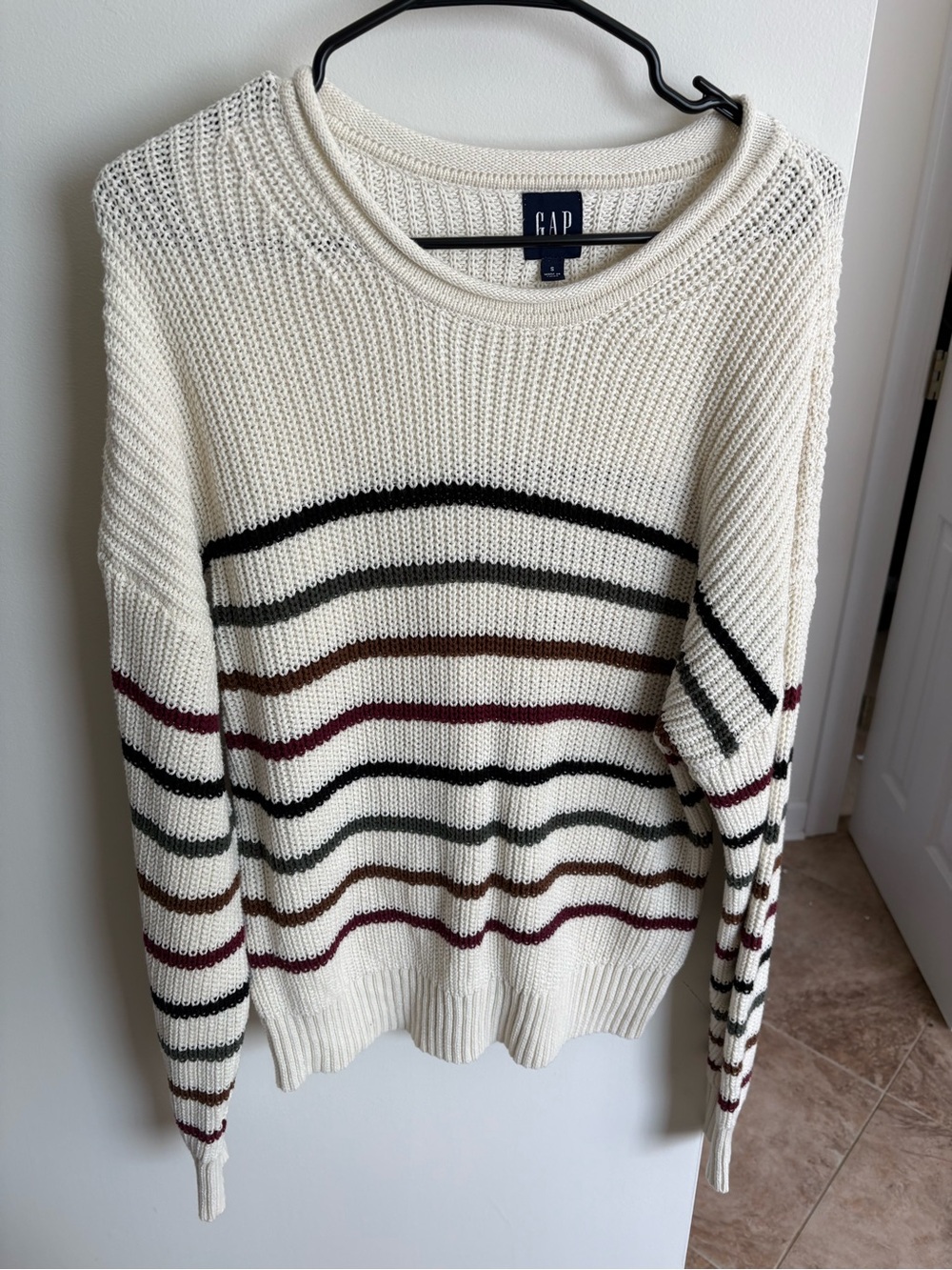 GAP Cream Crewneck Sweater with Black, Gray, Brown & Burgundy Stripes
